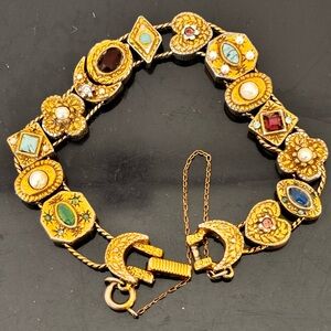 Vintage  Goldette NY unsigned Variety 3D Charms Slides Bracelet Safety Chain 50s